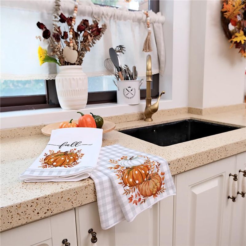 Agriculture Farm House - DT15 6-teiliges Herbst-Küchentuch-Set, Orange-Kürbis-Grau-Karo Herbst-Geschirrtücher, Superfeine