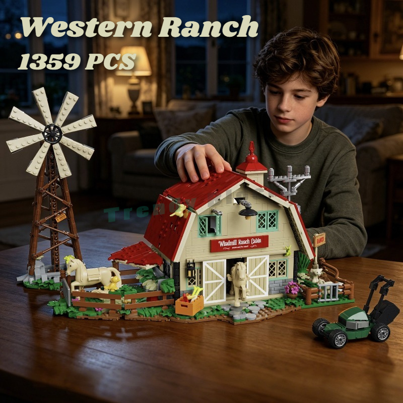 Agriculture Farm House - 1359-teiliger Bausatz „Western Windmühlen-Ranch“ mit Straßenansicht,